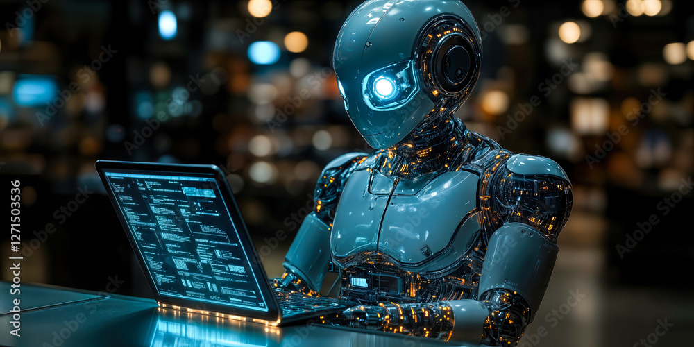 Poster ai robot using laptop in retail setting for advanced analytics and enhanced customer interaction
