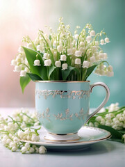 romantic vintage cup with bunch of lilies of the valley flowers, spring floral concept 