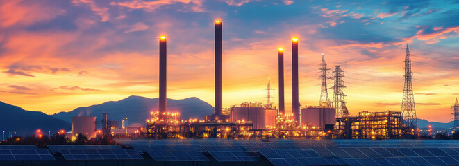 Naklejka premium modern decentralized energy plant with solar panels and power lines at sunset