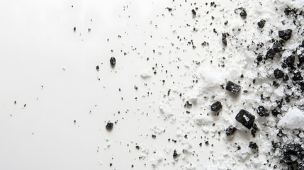 Black Himalayan salt scattered delicately over a white surface, the small crystals reflecting light and enhancing the overall texture.