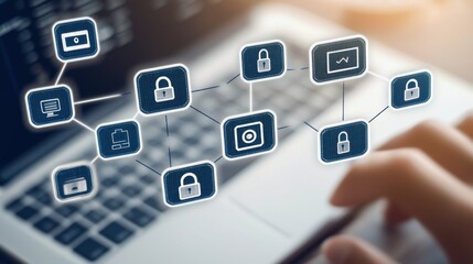 financial planning. Digital network security concept with icons connected to a laptop.