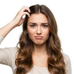 Fototapeta premium A realistic photo of a beautiful young woman with long, wavy brown hair, scratching her head with a puzzled expression