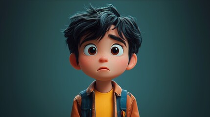 Boy with a Worried Expression: Capturing the essence of concern and thoughtfulness. This image features a young boy rendered in a 3D animation style.