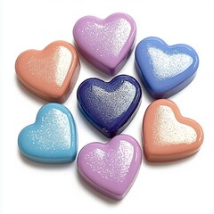 Fototapeta premium Colorful Heart Shaped Chocolates in Pastel Shades on White Background