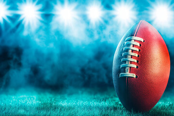 Close-up of an American football under bright stadium lights, strong contrast between highlights and deep shadows, laces sharply in focus, dramatic depth of field