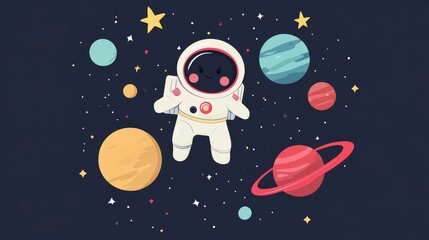 Cosmic Adventure Scene with Cute Astronaut Character and Colorful Space Elements in Modern Flat Design