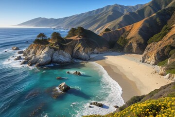 mountains and a beach with a few yellow flowers on the shore