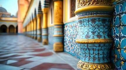 Fototapeta premium Ornate columns and intricate tilework in a vibrant architectural setting.