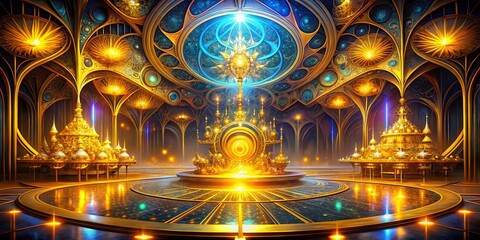 Obraz premium Abstract Golden Glowing Shapes Fantasy Light Background Digital Fractal Art 3D Render Architectural Photography