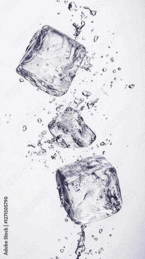 Aufkleber Three perfectly formed ice cubes hover effortlessly against a bright white backdrop, creating a sense of coolness and freshness while tiny droplets of water dance around them