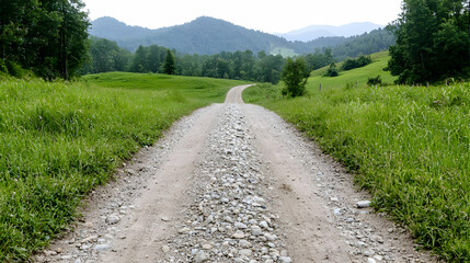 Obraz premium Rural gravel road winding through green hills