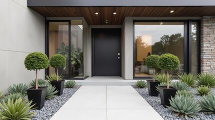Obraz premium Modern entrance with potted plants and sleek design elements