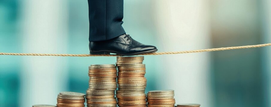Person trying to balance on a tightrope made of coins, with financial traps waiting below, financial instability, dramatic imagery