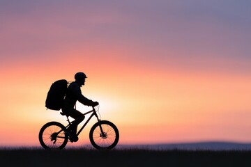 Obraz premium Silhouette of a rider against a sunset, backpack prominently displayed, delivery journey, inspiring and modern
