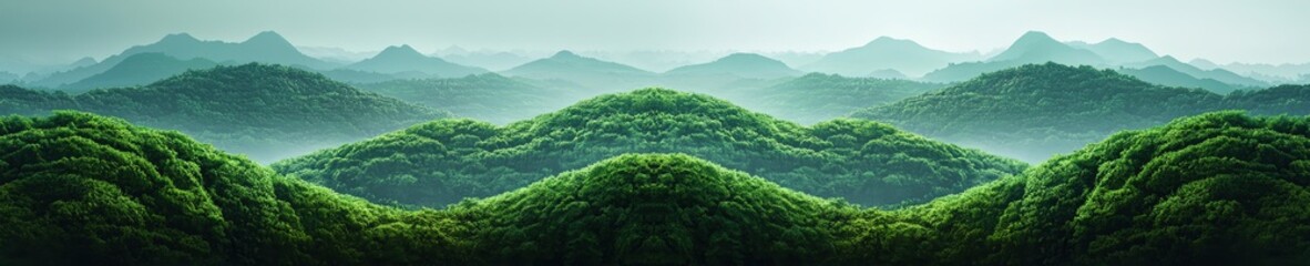 Fototapeta premium Lush Green Mountains Under Misty Sky at Dawn