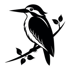 Kingfisher Bird Silhouette on Branch - Black and White Vector Illustration