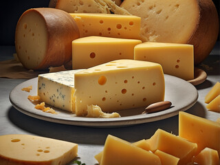 A close-up image focusing on various cheese textures. Some cheeses are smooth and creamy with a glossy finish, while others are crumbly and slightly rough. 