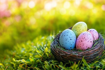 Fototapeta premium Easter Eggs Nestled in Spring Grass A Celebration of Springtime and Renewal, banner, panorama,
