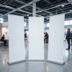 Blank display stands in modern exhibition space with people