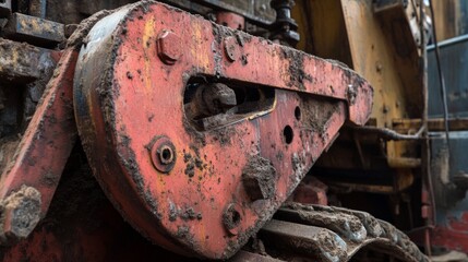 Close-up View of Rusted Industrial Machinery Parts: A Detailed Look at Aged Construction Equipment