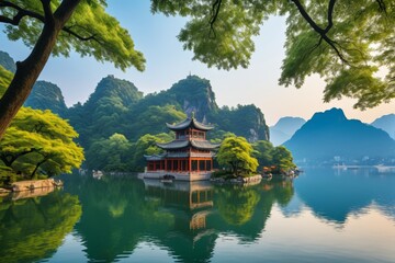 Fototapeta premium trees are growing in the water near a pagoda in the middle of the lake