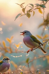 Obraz premium Colorful birds singing on a branch surrounded by water droplets during sunrise in a lush garden