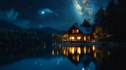 Fototapeta premium Serene Lakefront Cabin Under Starry Sky with Reflections at Night