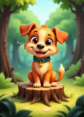 Cartoon Orange Puppy Dog with Collar Sitting on Tree Stump
