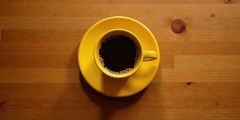 Aromatic Dark Coffee in a Sunny Yellow Cup on a Wooden Surface