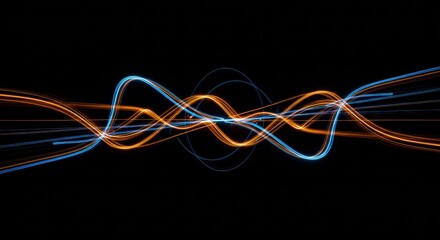 Vibrant Energy Wave: An abstract depiction of dynamic energy pulses across the frame, rendered in captivating blue and orange hues, conveying movement, force, and technological prowess.