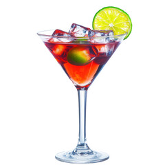 A colorful martini glass with a rich red beverage, featuring ice cubes and a bright green lime wedge as garnish, transparent background, PNG