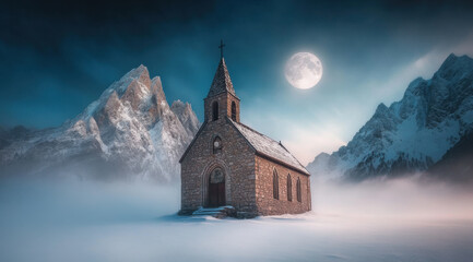 Snowy church, full moon, misty mountains backdrop