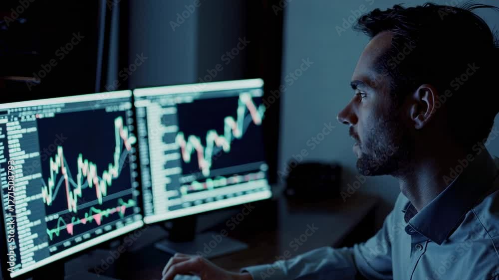 Aufkleber Finance professional analyzing stock market data on computer screens at night, creating a captivating slow motion sequence of market analysis and financial expertise