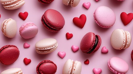 Fototapeta premium Heart shaped and round macarons in pink, red, and cream tones on pink background