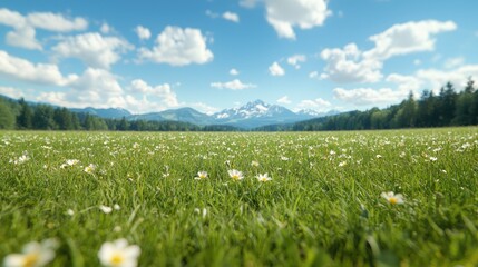 Sunny alpine meadow, daisies, mountains. Landscape postcard