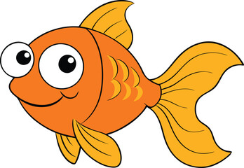 A cheerful goldfish cartoon character with big, round eyes, shiny golden scales, and a playful smile. It swims gracefully with flowing fins, spreading joy and curiosity.