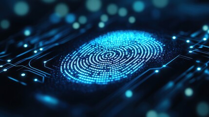 Digital Fingerprint Representation with Glowing Blue Dots on Dark Background