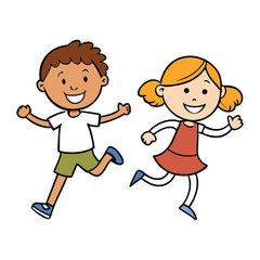 Joyful children with big smiles run together in a fun, carefree cartoon scene, full of laughter, energy, and happiness, capturing the spirit of playful childhood adventures.