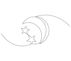 Continuous one line drawing of Star and Crescent moon. Single line drawing illustration of Islamic symbol. Ramadan kareem concept vector art. Doodle line illustration.