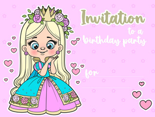 Invitation for a guest to a princess birthday party with cute cartoon princess on pink background