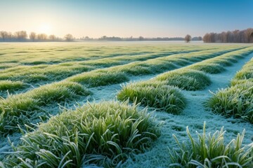 Fototapeta premium arafed field of grass with frost on the ground and trees in the distance