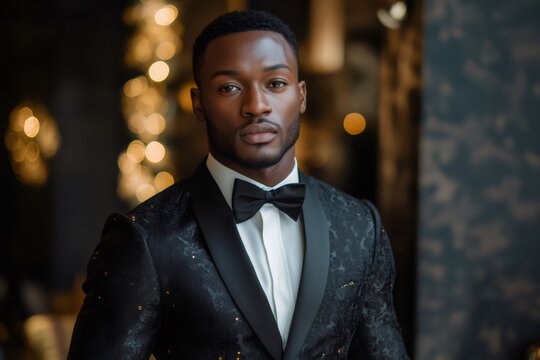 Elegant black man wearing tuxedo in luxury setting