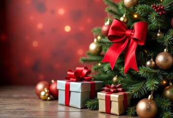 Festive Christmas Tree with Gold Ornaments and Gift Boxes