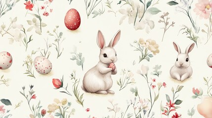 Whimsical pattern featuring hand-drawn Easter bunnies, eggs, and spring flowers on a soft beige background. Generative AI