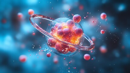 Abstract atom model with glowing core and orbiting electrons.