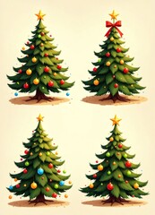 Fototapeta premium Four Cartoon Christmas Trees with Colorful Ornaments