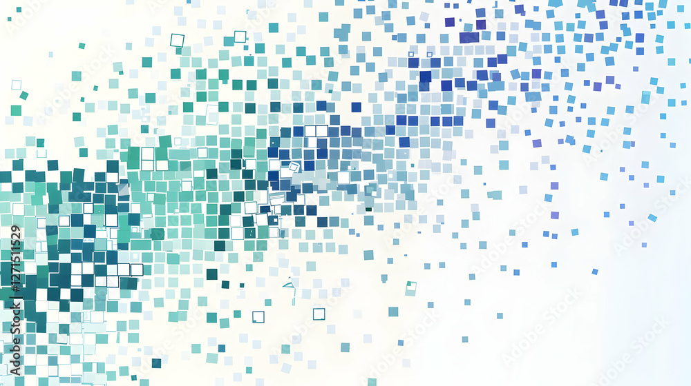 Poster abstract digital mosaic pattern with varying shades of blue and green, creating a dynamic visual flo