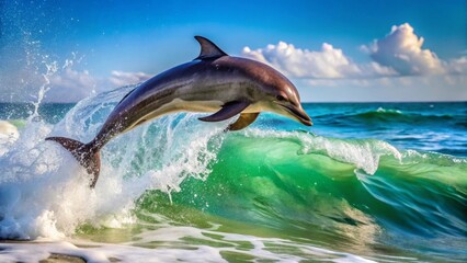 Fototapeta premium Oceanic Mammal Leaps Gracefully Over a Vibrant, Emerald Wave During a Sunny Day