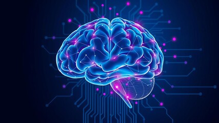 A futuristic pink and blue brain design with a striking triangle in the center, representing intelligence and creativity, technology, intelligence