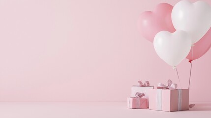 Heart-shaped balloons in soft pink and white float above beautifully wrapped gift boxes creating a romantic and minimalistic Valentine's Day setting